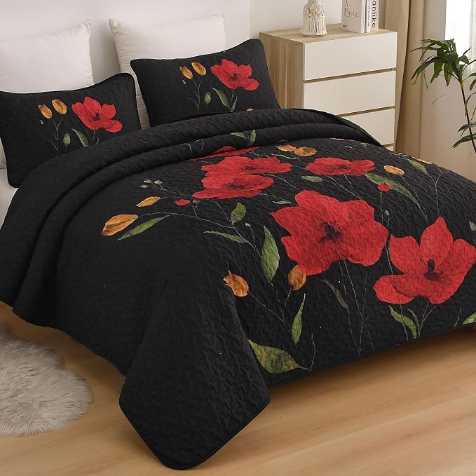 Mybedsoul Floral Quilt Set King Size, 3 Pieces Black Bedspread Coverlet Set - Image 2