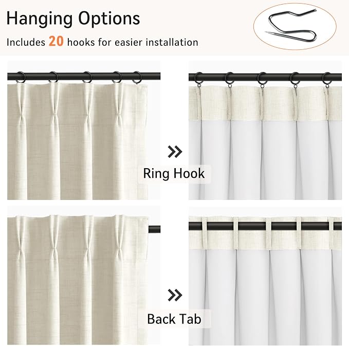Pinch Pleated Full Blackout Faux Linen Curtains 90 Inches Long | Beige White - Image 3