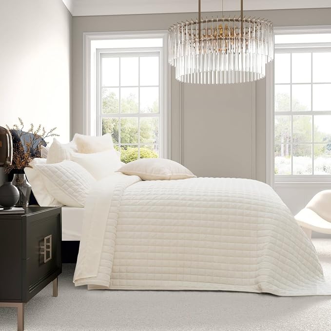 RECYCO Channel Box Stitch Velvet Quilt Set, Full Queen Size, Cream White | - Image 2
