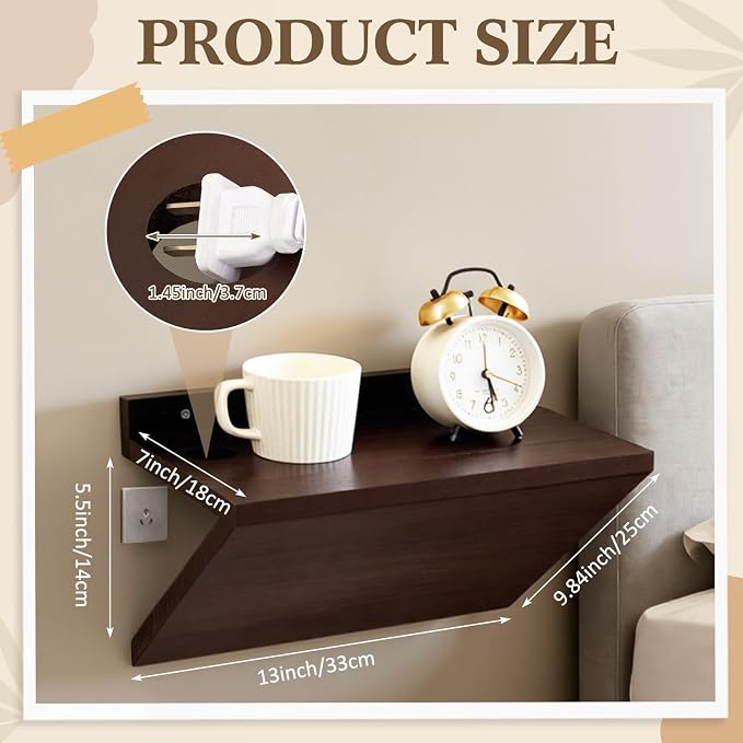 1 Pack 13 x 7 x 5.5 Inch Floating Nightstand Wooden Bedside V Shape Wall Shelf - Image 2