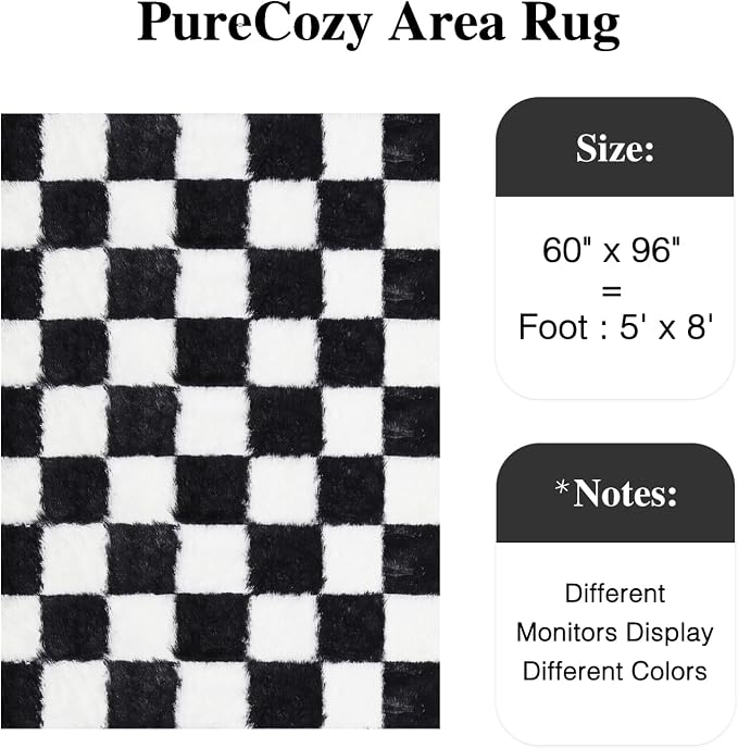 Checkered Rug 5x8 for Living Room Black and White Soft Shag Rugs | Machine - Image 2