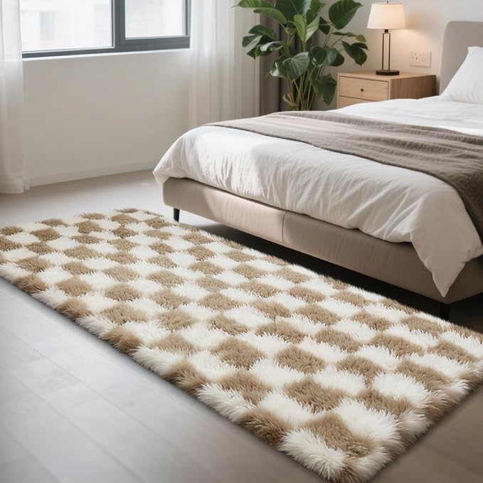Beige and White 3x5 Area Rugs for Bedroom, Fluffy Rug Small Bedside Carpet | - Image 3