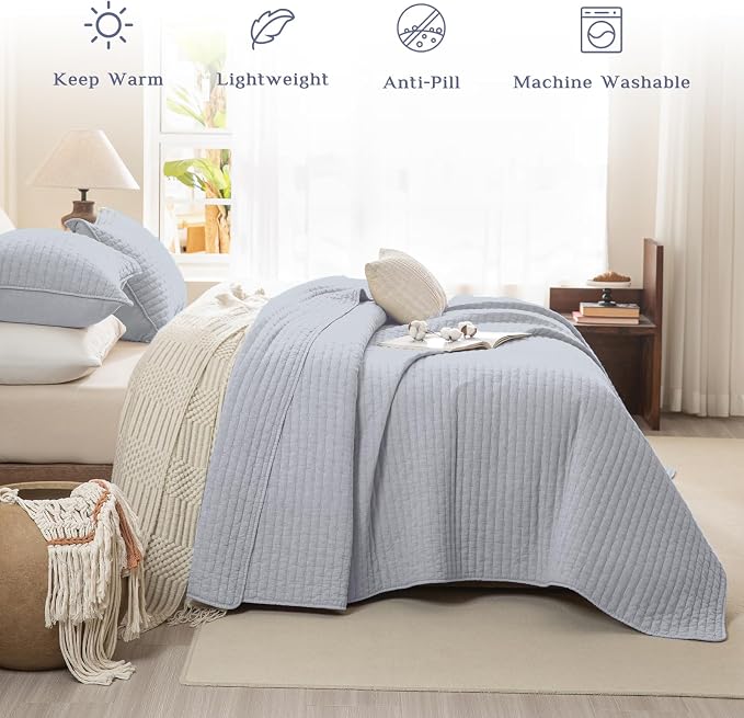 CozyTide Oversized King Quilt 120x120, Stone-Washed Cotton Light Blue - Image 2