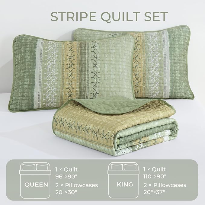 Cottolester Sage Green Queen Quilt Set, Sunner Striped Patchwork Bedspread | - Image 7