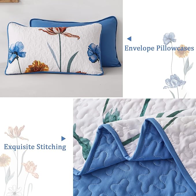 WONGS BEDDING Blue Quilt Set King Size, Cute Floral Botanical Bedspread Bedding - Image 6