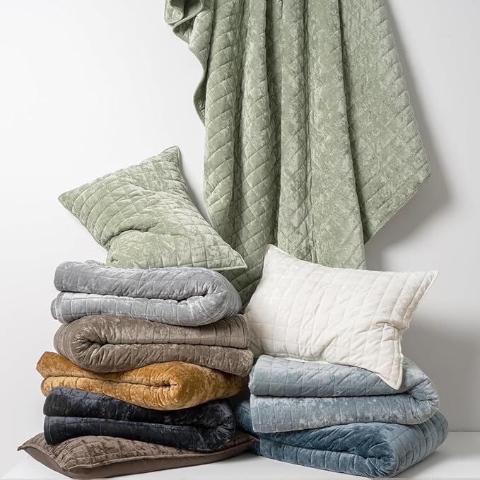 RECYCO Channel Box Stitch Velvet Quilt Set, Full Queen Size, Sage Green | Ultra - Image 6