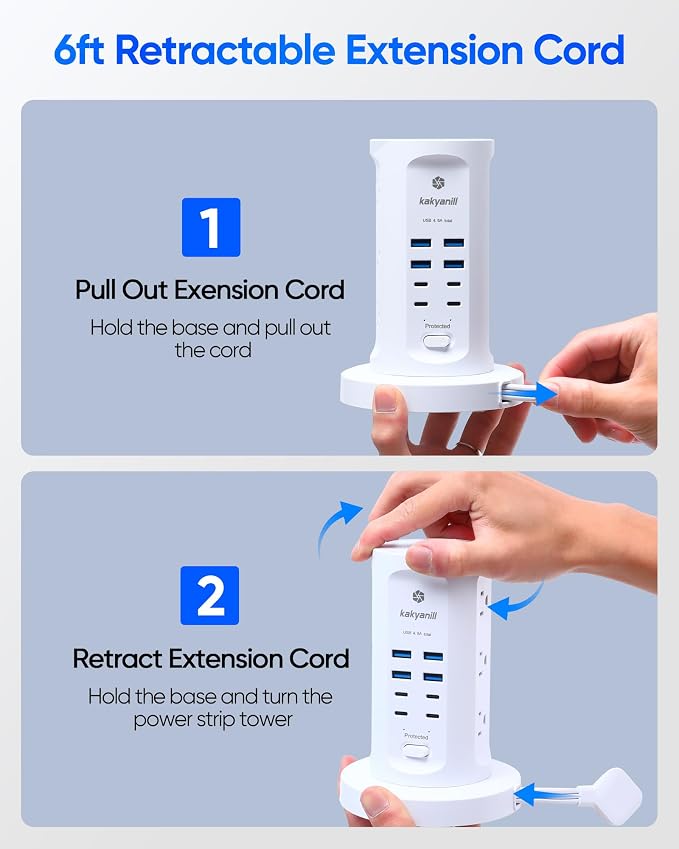 Power Strip Tower, kakyanill Charging Station 9 AC Outlets 8 USB Ports | 6 Ft - Image 2