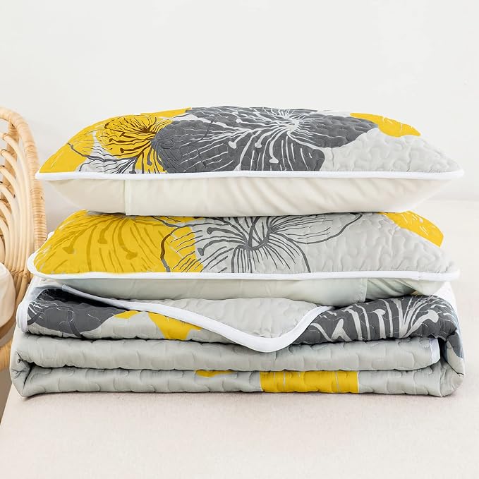 DJY 3 Pieces Quilt Set California King Yellow Floral Pattern Quilt Coverlet Set - Image 6