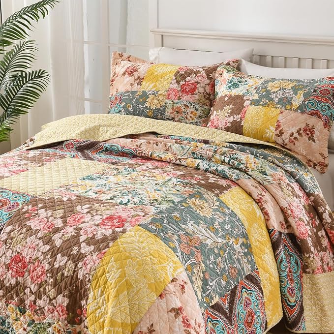 Autumn Dream Cotton Bedspread Quilt Yellow Floral Bedding Sets, Queen Size | - Image 3