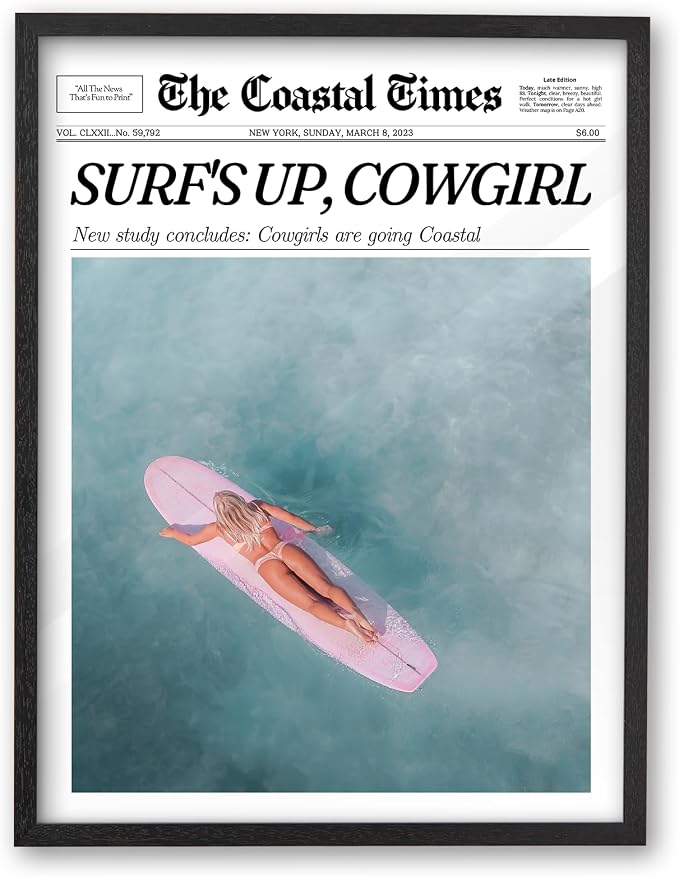 iHery 16x20in Surf’s Up Cowgirl Framed Newspaper Wall Art | Premium Black by iHery