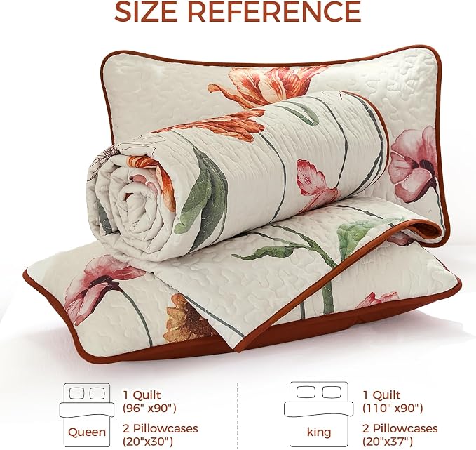 WONGS BEDDING Floral Quilt Set King, Shabby Chic Terracotta Cream Floral - Image 6