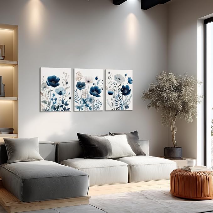 LLEEMPI Framed Navy Blue Floral Wall Art Set of 3, 16x24 Inch Canvas Prints | - Image 3
