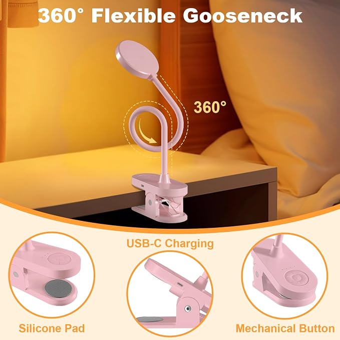 Rechargeable Clip on Light for Bed, Cute LED Reading Lamp for Girls Dorm Room - Image 3