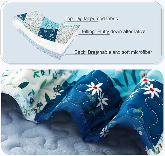 Whale Flotilla Patchwork Quilts Queen Size, Extra Soft Floral Bedspreads | Blue - Image 4