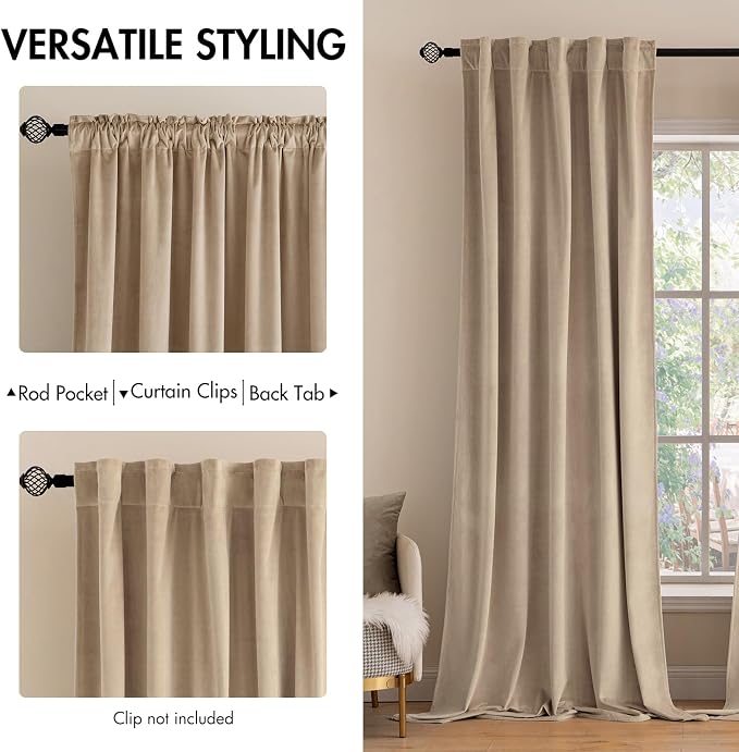 MIULEE Velvet Curtains 52x96 inches 2 Panels Camel Beige Blackout Curtains | - Image 2