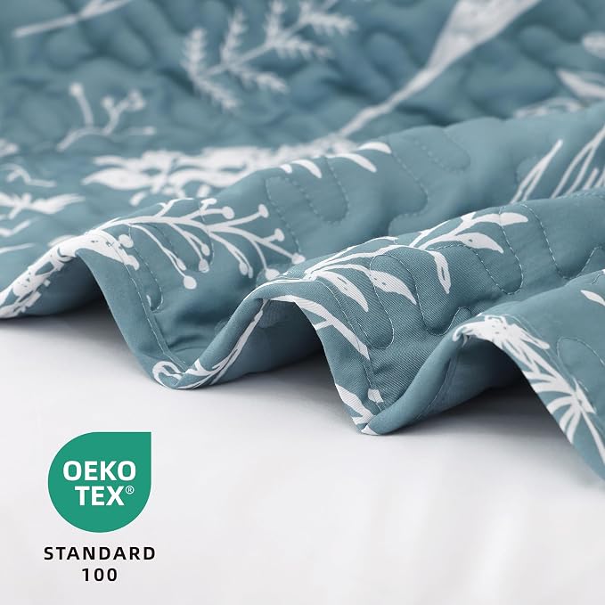 JANZAA Quilt King Size, Mineral Blue Bedspread Floral Bedding Set 3 Pieces | - Image 2
