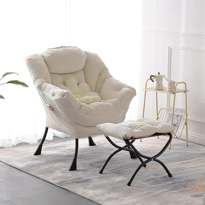 Lazy Chair with Ottoman, Comfy Accent Reading Chair, Velvet Beige | Foldable - Image 8