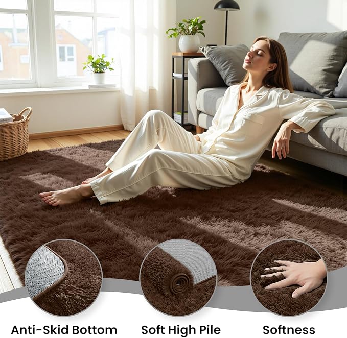 8x10 Fluffy Area Rug for Living Room: Soft Non-Slip Brown Bedroom Carpet | - Image 5
