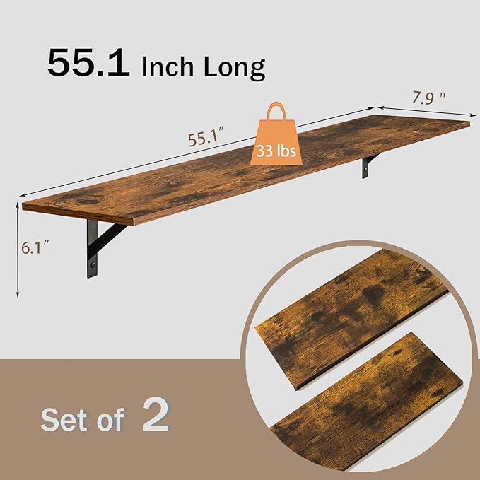 Long Wall Shelves, 55.1Inch Wooden Floating Shelves - Image 3