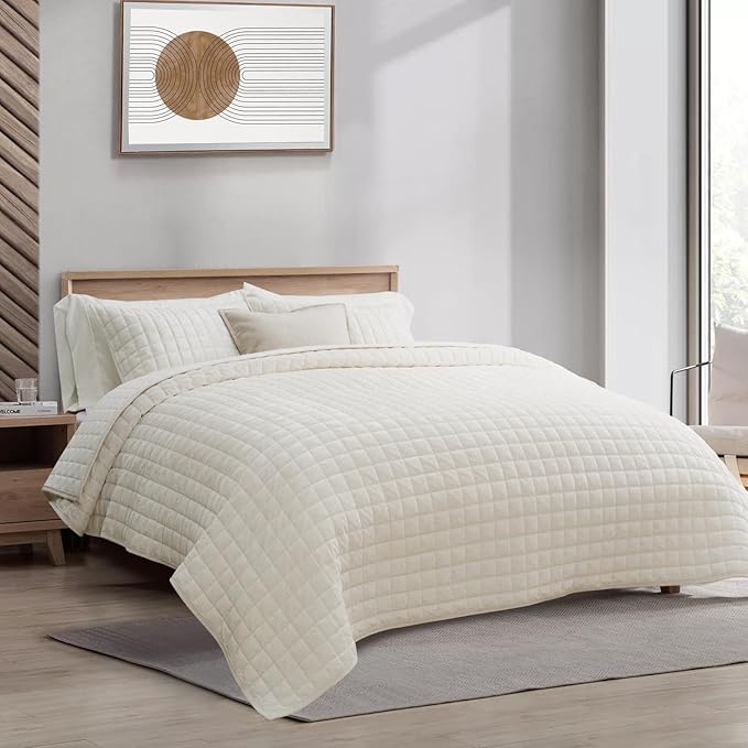 RECYCO Channel Box Stitch Velvet Quilt Set, Full Queen Size, Cream White | by RECYCOHOMECOLLECTION