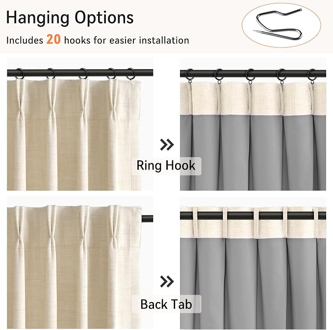 Pinch Pleated Full Blackout Faux Linen Curtains 120 Inches Long | Cream - Image 3
