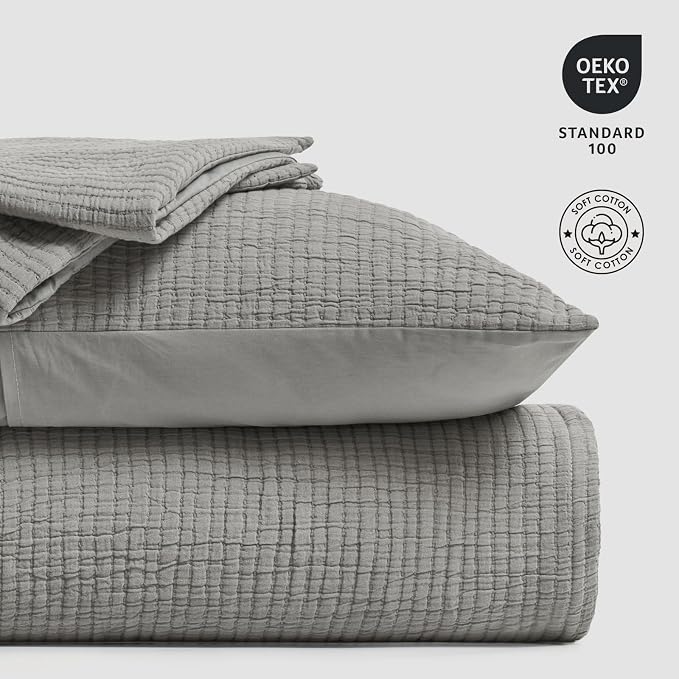 EVERGRACEHOME Cotton Gauze Matelassé Coverlet, Queen Size, Fog Gray | Ultra - Image 8