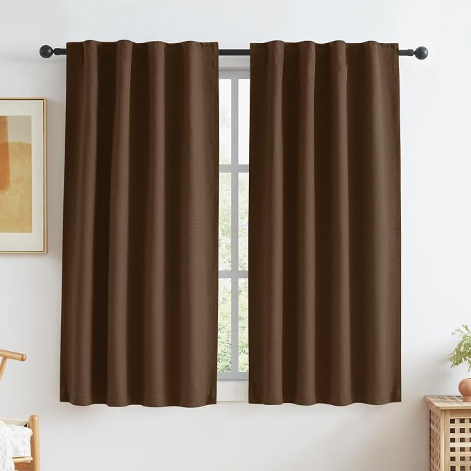 Brown Faux Linen Blackout Curtains 45 Inch Long 2 Panels Back Tab Rod Pocket by KEQIAOSUOCAI