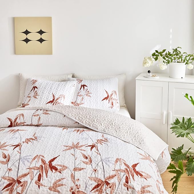 Botanical Quilt Set 2 Pieces Twin Size, Burnt Orange Leaves Printed on White - Image 3
