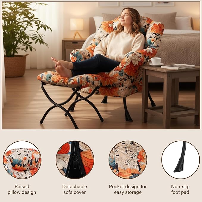 Welnow Lazy Chair with Ottoman, Reading Chair with Footrest, Foldable Footrest - Image 4