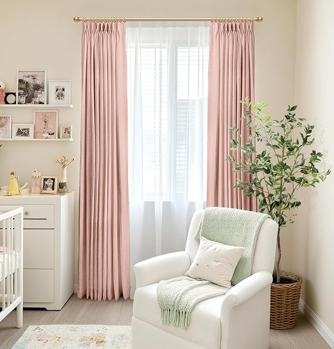 Pinch Pleated Full Blackout Faux Linen Curtains 102 Inches Long | Blush Pink - Image 5