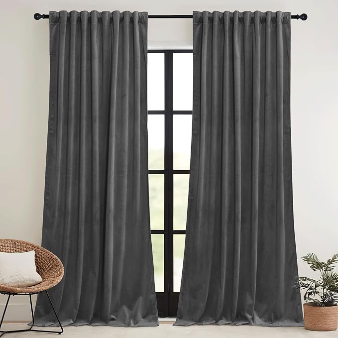 RYB HOME Grey Velvet Blackout Curtains 90 inches - Image 2