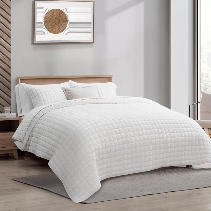 RECYCO Channel Box Stitch Velvet Quilt Set, Full Queen Size, Bright White | - Image 3