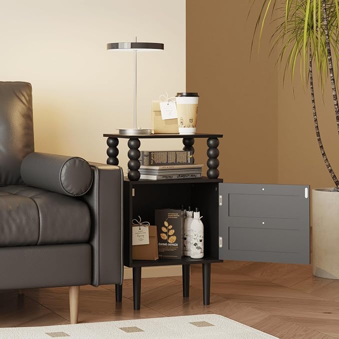 Nightstand with Storage Drawer and Open Wood Shelf, Solid Wood Legs | - Image 6