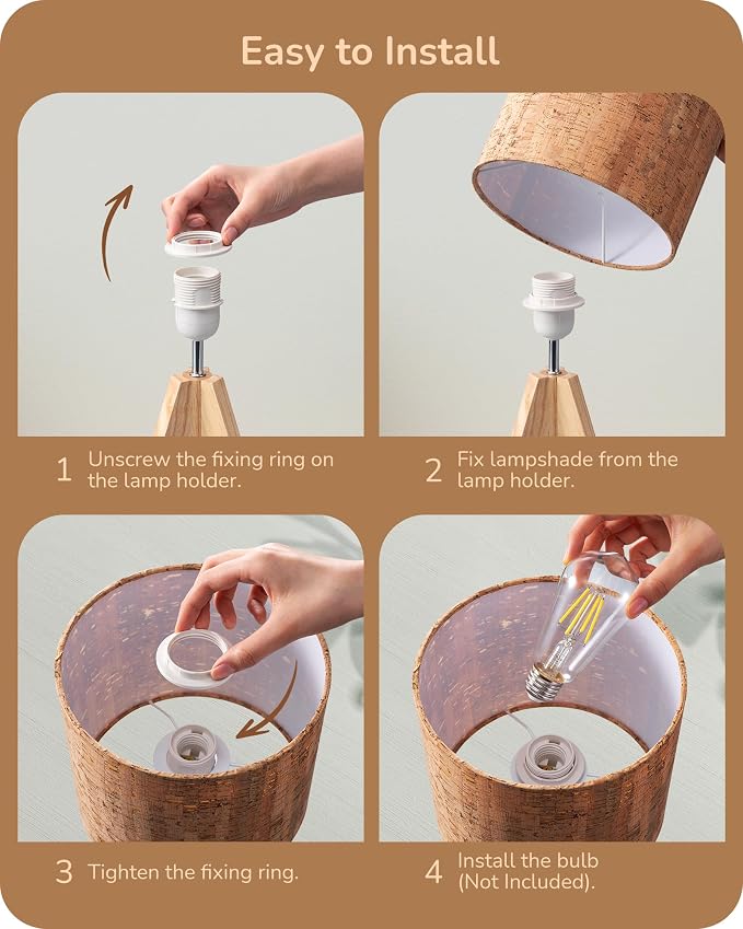 EDISHINE Small Table Lamp, Wood Tripod Nightstand Lamp, Bark Linen Shade | 14.2 - Image 4