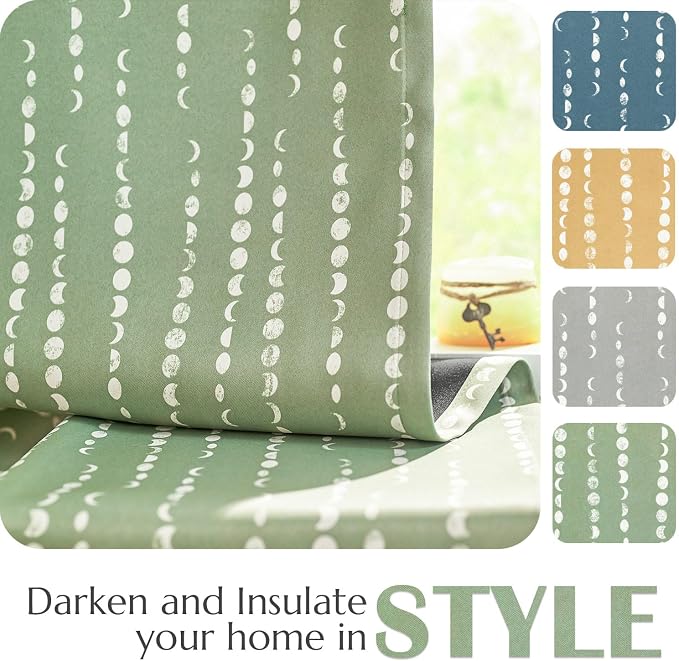 jinchan Boho Blackout Curtains 90 Inches Long Moon Phase Printed Drapes | Sage - Image 5