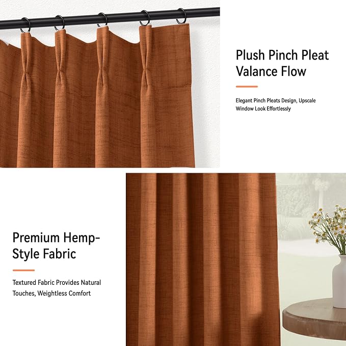 Pinch Pleated Full Blackout Faux Linen Curtains 84 Inches Long | Burnt Orange - Image 7