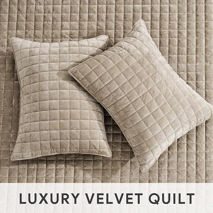 RECYCO Channel Box Stitch Velvet Quilt Set, Full Queen Size, Urban Taupe | - Image 4