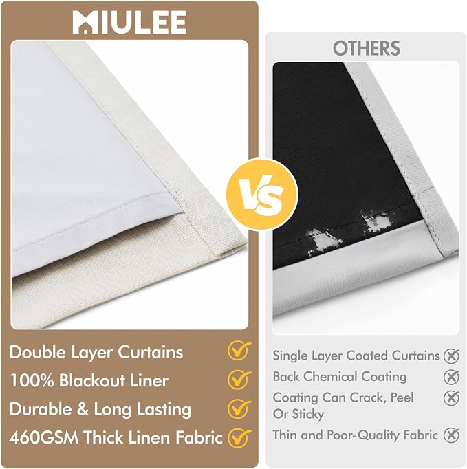 MIULEE Pinch Pleated 100% Blackout Curtains 40"x98" Long Birch 4 Panels Set | - Image 8