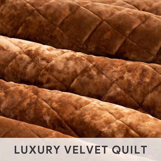 RECYCO Channel Box Stitch Velvet Quilt Set, Queen Size, Rusty Burnt Orange | - Image 4