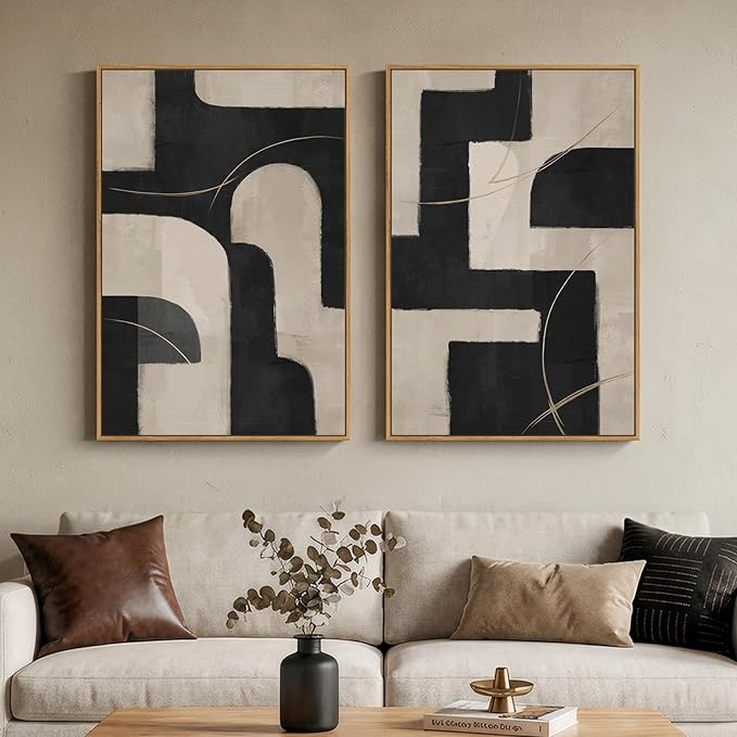 Large Framed Neutral Black and Beige Abstract Wall Art Set of 2, 24x36 In | 2 by Cuspin