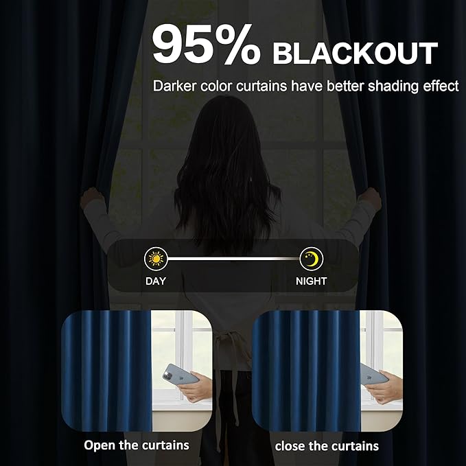 Navy Blue Blackout Curtains 94 Inch Long 2 Panels Set, Room Darkening Blackout - Image 3