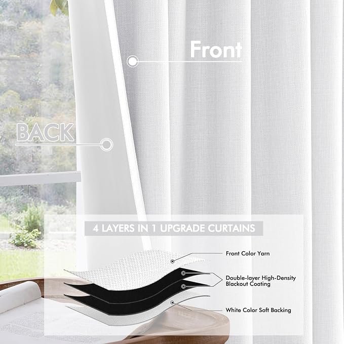 MIULEE 100% Blackout Back Tab Pleat Linen Curtains 50" Wx90 L, Bright White | 2 - Image 5