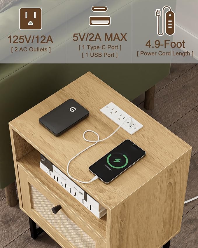Masupu Rattan Nightstand with Charging Station, Modern Boho Farmhouse Wood - Image 4