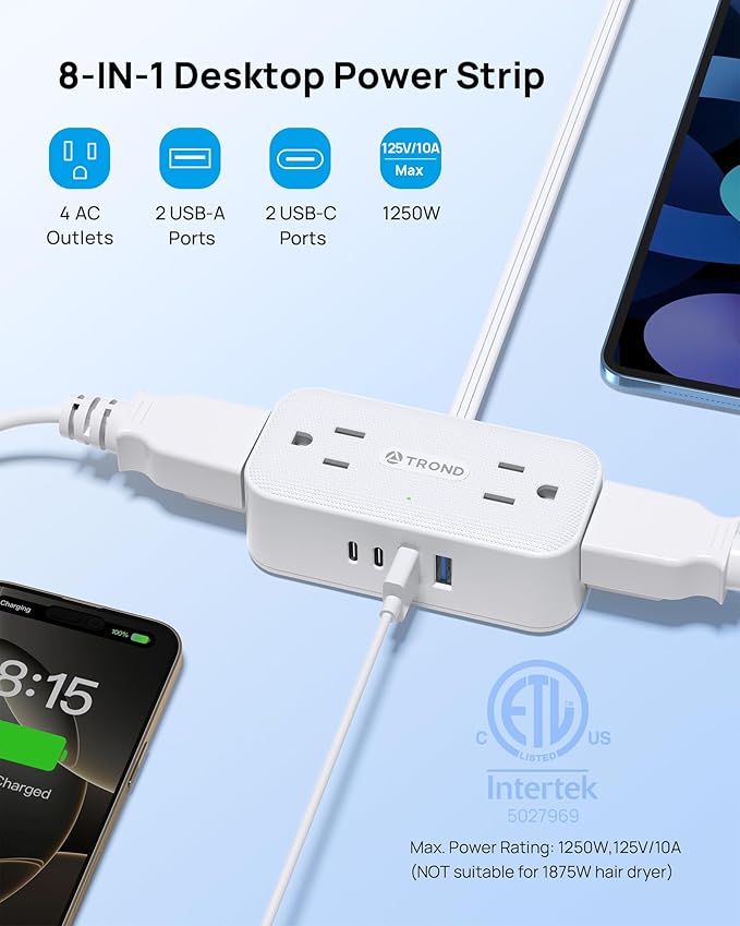 TROND 360° Rotating Flat Plug Power Strip 10ft, 4 Widely AC Outlets, Wall Mount - Image 3