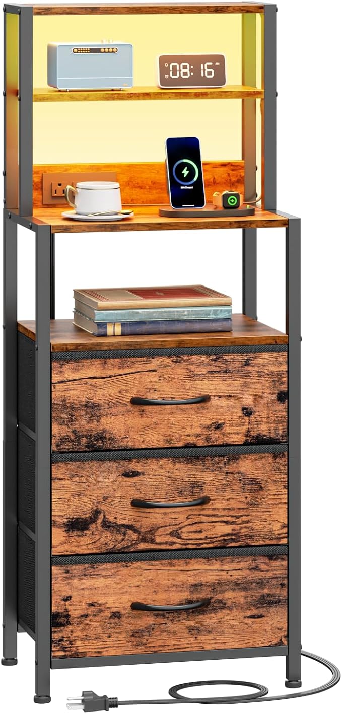 Night Stand with Charging Station, Tall Nightstand, LED Lights | 4-Tier Shelves - Image 8