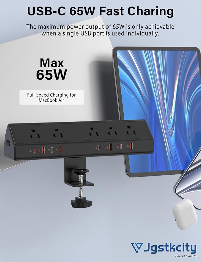 Jgstkcity Desk Clamp Power Strip, Edge Mount, 4 USB C, Fit 1.96'' Tabletop - Image 2
