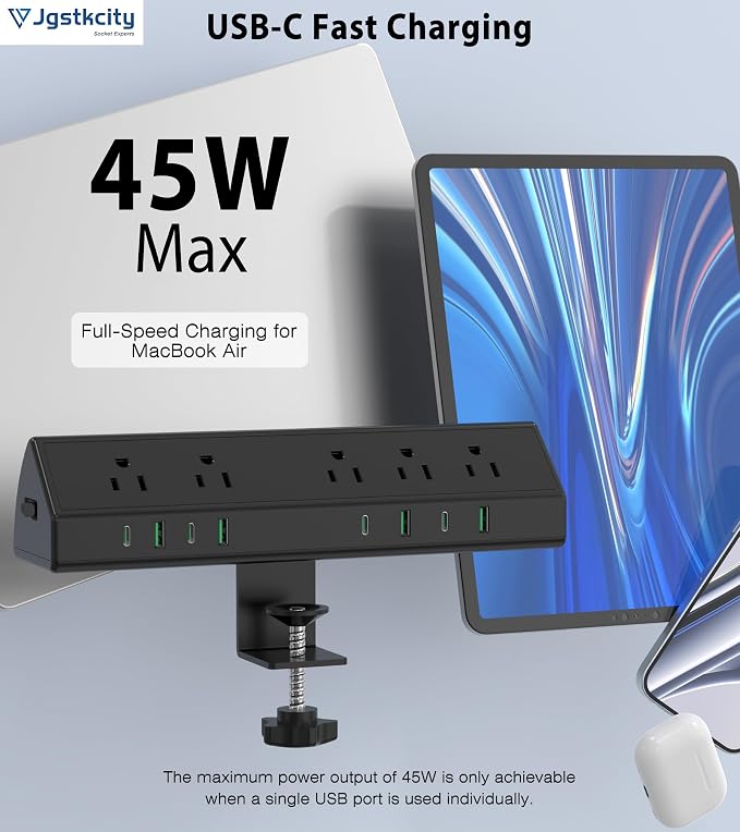 Jgstkcity Desk Clamp Power Strip USB C 45W, 8 USB, 10FT Cable, Edge Mount - Image 5