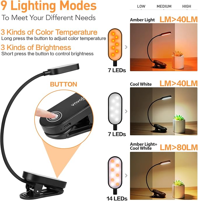 VAVOFO Rechargeable Book Light, 14 LEDs Eye Care Clip On Amber Reading Light - Image 3
