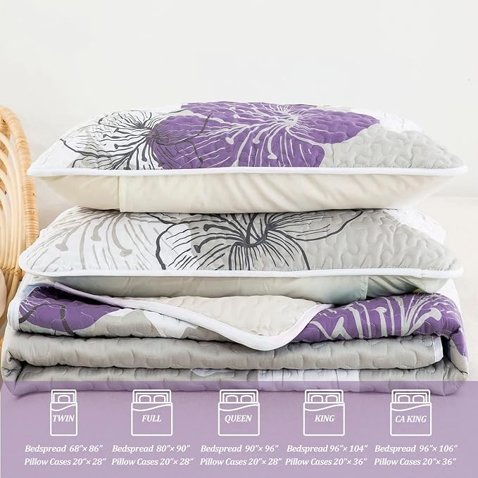 DJY 3 Pieces Quilt Set California King Purple Floral Pattern Quilt Coverlet Set - Image 6