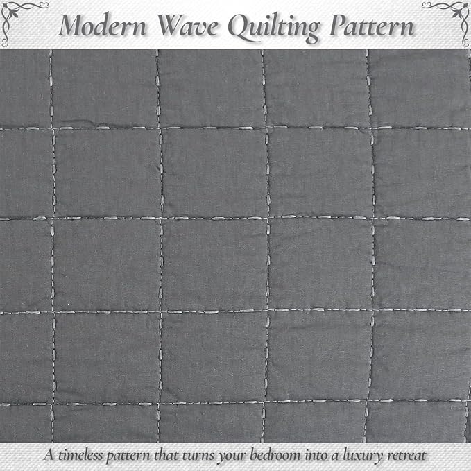 Cozy Line Home Fashions 100% Cotton Quilt Set – 3-Piece Charcoal Gray Solid - Image 4
